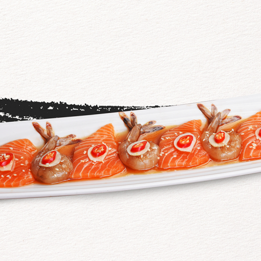 ZEN8029566666 แซลมอนและกุ้งดองสไปซี่โชยุ (8 ชิ้น)